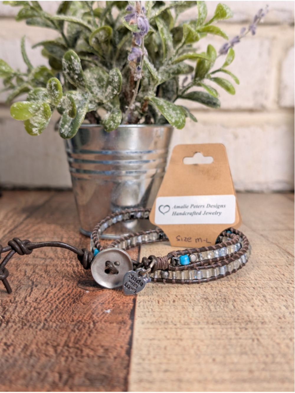NEW Artisan Boho Double Wrap Blue Beaded Brown Knotted Leather Button Bracelet